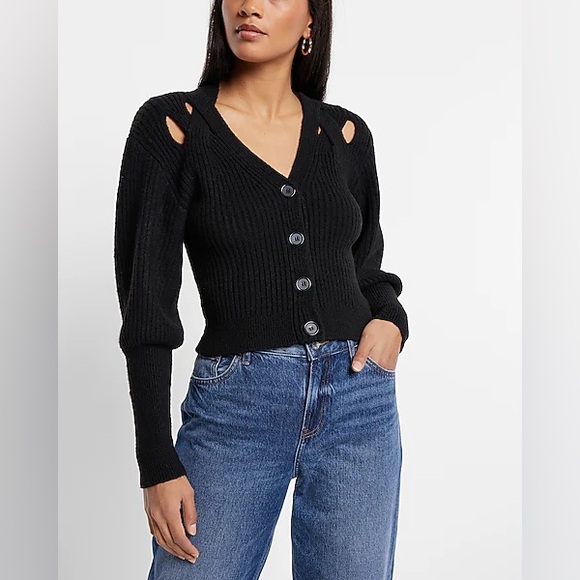Express Sweaters - Express black Vneck Balloon Sleeve cross cross cardigan size small